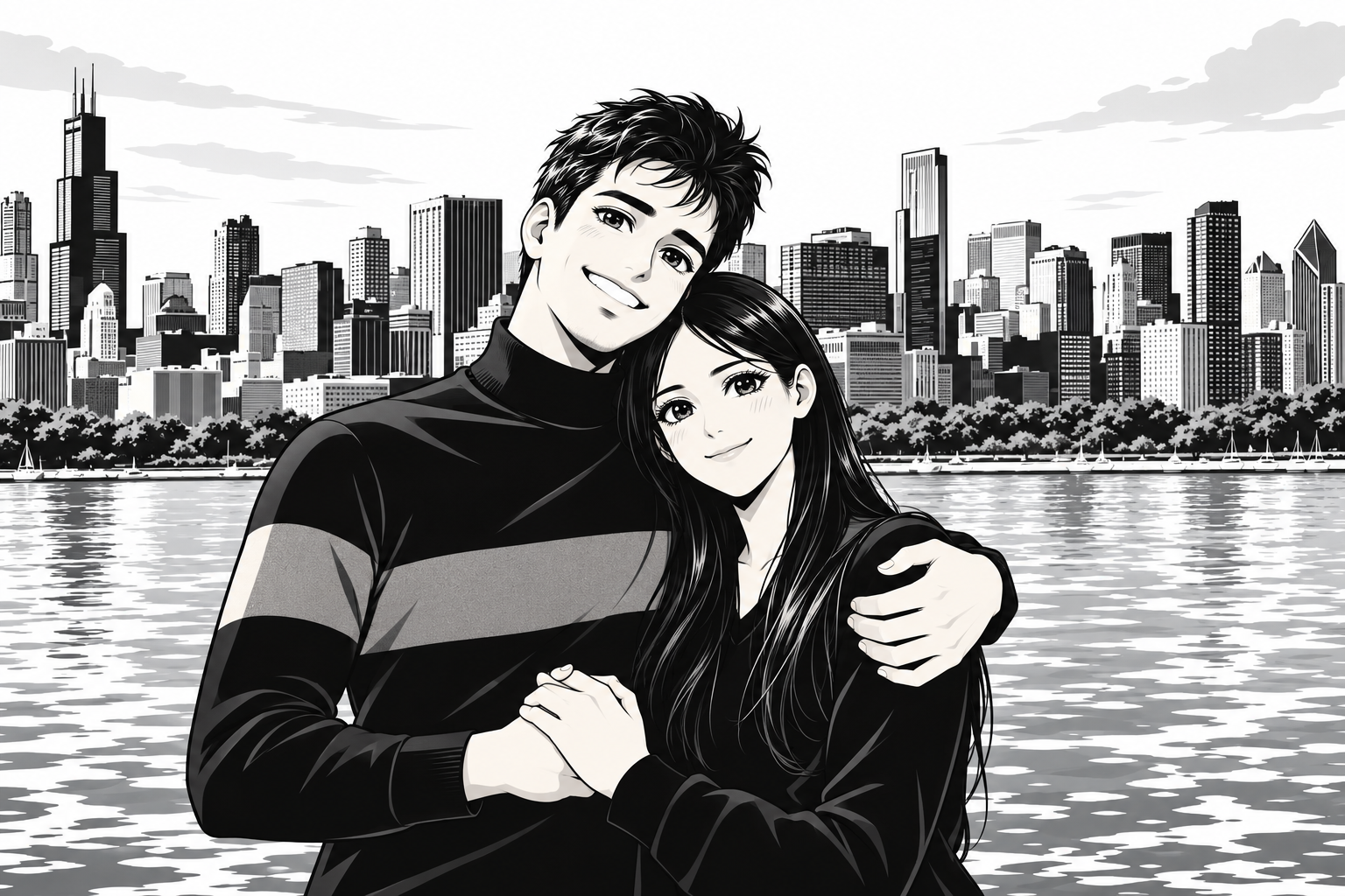 Black and white anime illustration of Mélanie and Sajjad embracing by the waterfront